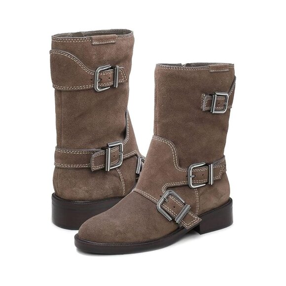 Vince Camuto Shoes Alicenta Sable Suede Leather Buckle Moto Boots